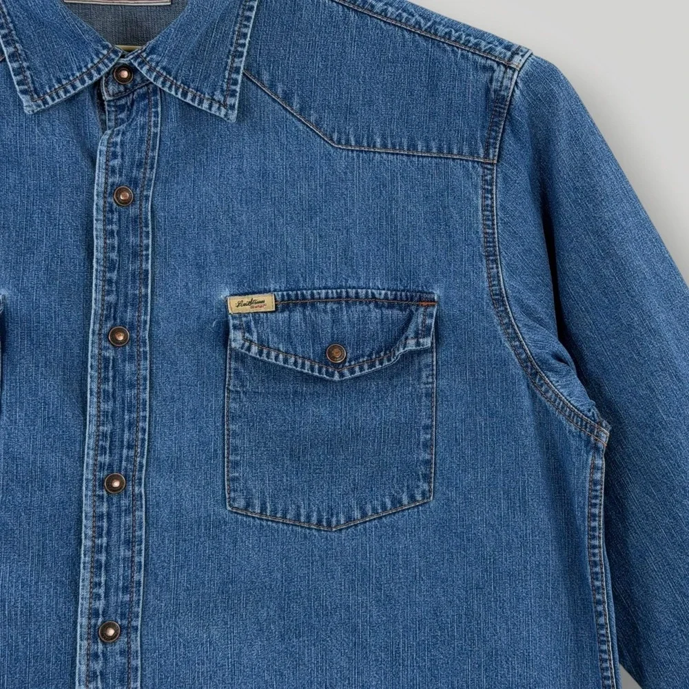 Levi Strauss Signature Western Shirt Mens L Blue Denim Snap Button Cotton Cowboy